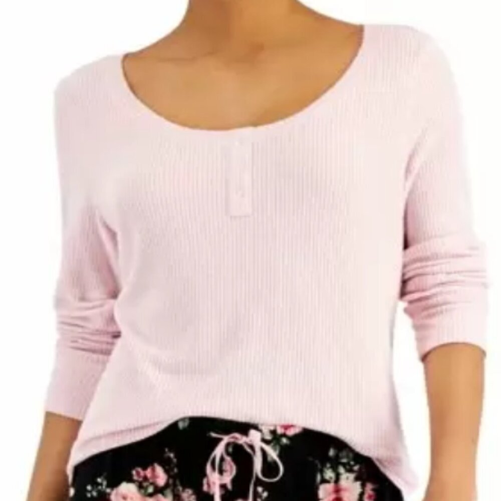 Charter Club Womens Small Long Sleeve Ribbed Henley Pajama Top Chalky Rose 1534
